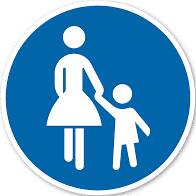 Schild Sonderweg für Fußgänger. Rundes blaues Schild mit einer Frau das ihr Kind an der Hand hält.