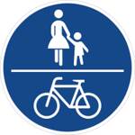 Sonderweg für Fußgänger / Radfahrer Schild. Blaues rundes Schild das in 2 Hälften geteilt ist. Oben eine Frau das ihr Kind an der Hand hält. Unten ein Fahrrad.