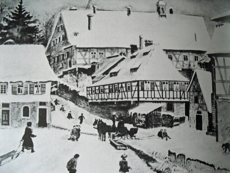 Aquarellgemälde vom Hochdorfer Wilhelmsplatz im Schnee.