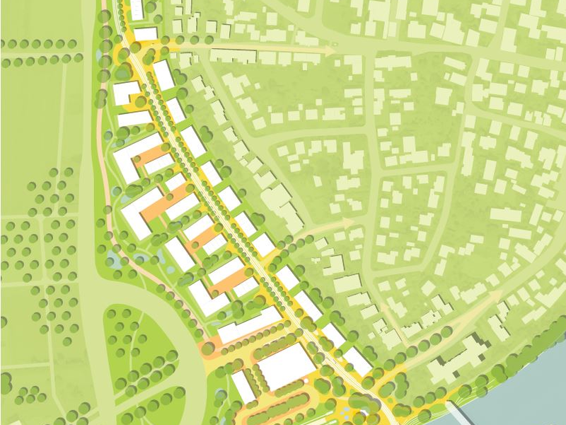 Die Grafik zeigt einen Stadtplan mit Gebäuden, Straßen, Grünflächen und einem Fluss im unteren Bereich, samt einer Brücke.