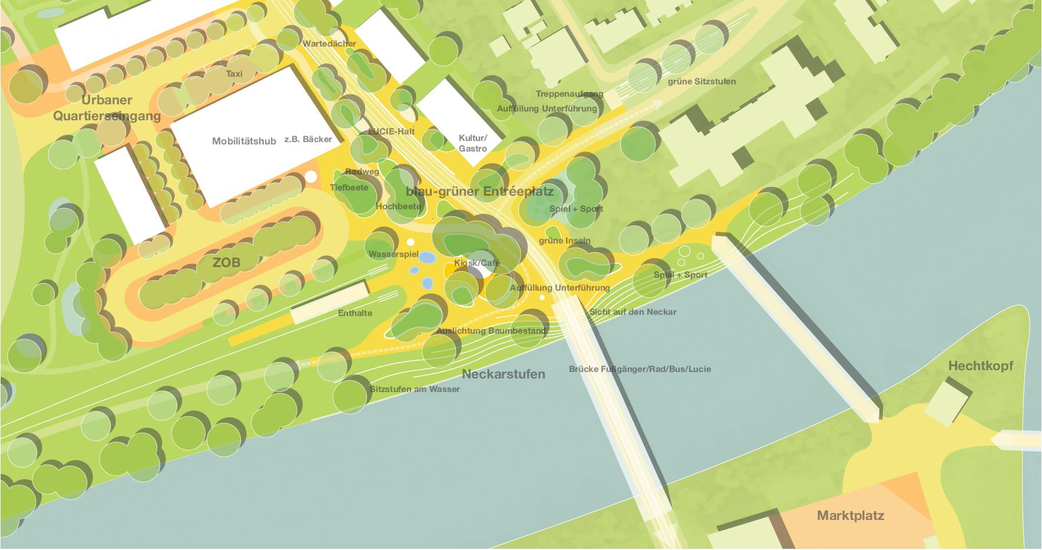 Die Karte zeigt eine geplante Bebauung eines grünen Stadtplatzes am Neckar, mit Mobilitätshub, ZOB, Spiel- und Sportbereichen, Wasserunterführungen und Brückenverbindungen.