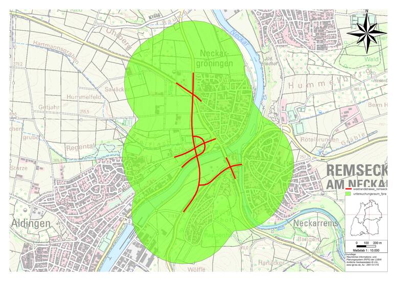 Die Karte zeigt das Gebiet von Remseck am Neckar mit einem hervorgehobenen grünen Bereich und rot markierten Straßen.