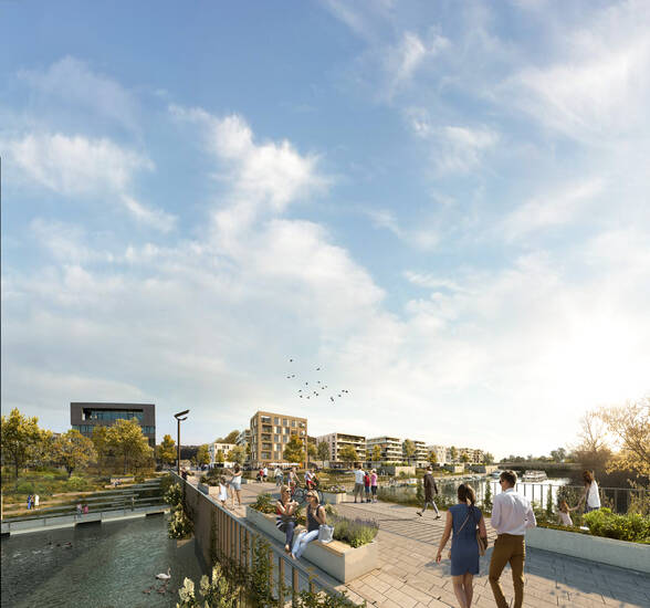 Eine Gruppe von Menschen genießt einen sonnigen Tag auf einer modernen, begrünten Uferpromenade mit Blick auf Wasser und Apartmentgebäude.