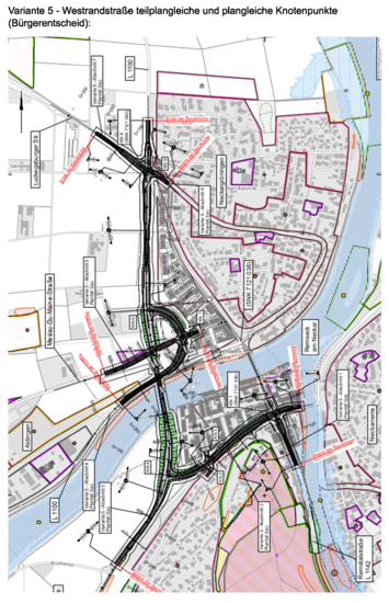 Die Karte zeigt eine detaillierte Straßenplanung mit verschiedenen Routen und markierten Knotenpunkten in einem städtischen Gebiet entlang eines Flusses.
