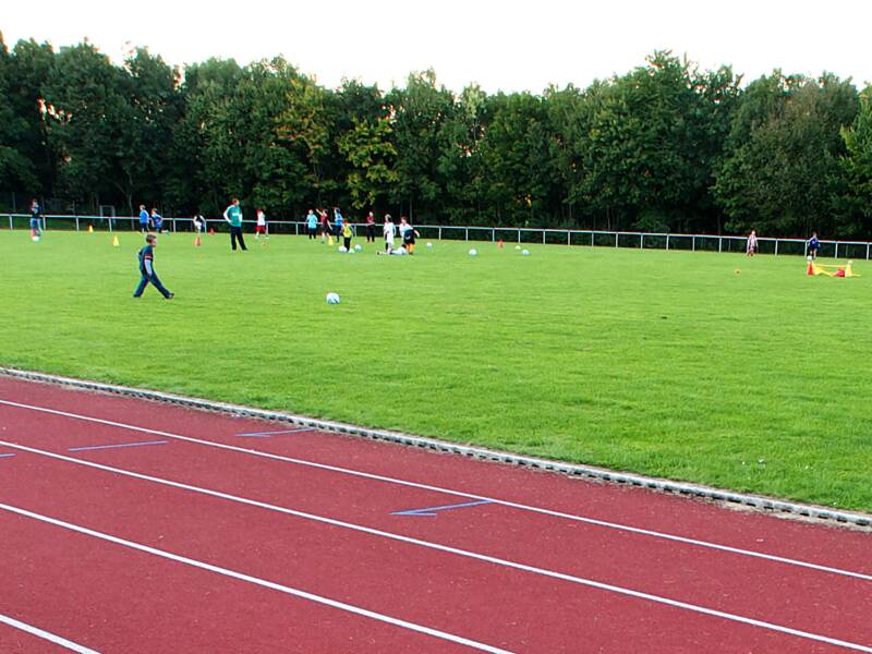 Eine Laufbahn mit sechs Bahnen erstreckt sich entlang eines Sportfeldes, auf dem Menschen Fußball spielen, umgeben von Bäumen.