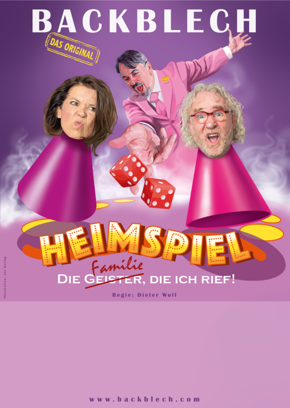 Ein Comic-artiges Poster zeigt drei gezeichnete Charaktere mit übergroßen Köpfen und verschiedenen Gesichtsausdrücken vor einem lila Hintergrund, begleitet von Schriftzügen wie "Heimspiel" und "Die Geister, die ich rief!".