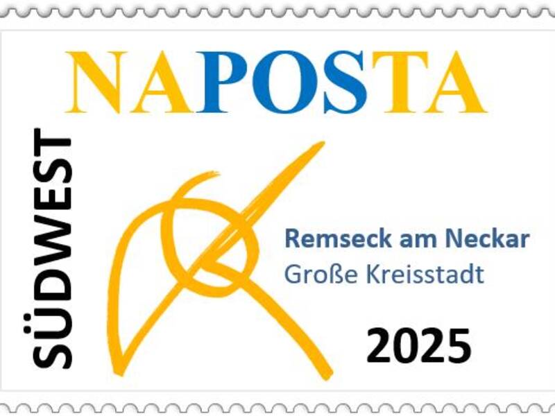Eine Briefmarke mit dem Text "NAPOSTA", "SÜDWEST", "Remseck am Neckar", "Große Kreisstadt" und "2025" sowie einem gelben, künstlerischen Symbol in der Mitte.