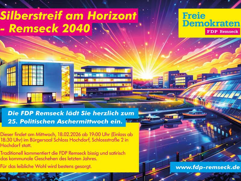 Ein futuristisches städtisches Ufer mit modernen Gebäuden und Booten bei Sonnenuntergang, begleitet von Ankündigungen für eine Veranstaltung der FDP Remseck.