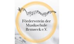 Das Bild zeigt den Text "Förderverein der Musikschule Remseck e.V." in einem goldenen Kreis mit darüber schwebenden Notenlinien.