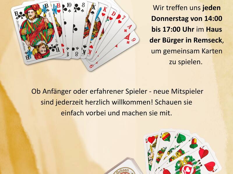 Ein Flyer informiert über wöchentliche Treffen zum Binokel- und Skatspielen im Haus der Bürger in Remseck, illustriert mit Bildern von Spielkarten.
