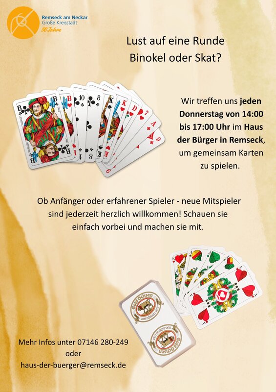 Ein Flyer lädt ein, donnerstags im Haus der Bürger in Remseck Binokel oder Skat zu spielen, mit abgebildeten Spielkarten und Kontaktinformationen.