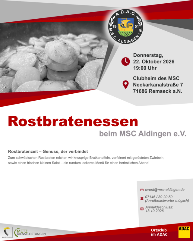 Ein Flyer für ein Rostbratenessen beim MSC Aldingen e.V. am 22. Oktober 2026 mit Bratkartoffeln und Salat wird angekündigt, inklusive Veranstaltungsort und Kontaktdetails.