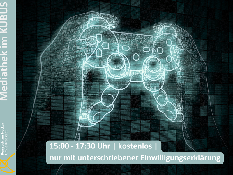 Eine digitale Darstellung von Händen, die einen Videospiel-Controller halten, mit Text zur Mediathek-Veranstaltung im KUBUS.