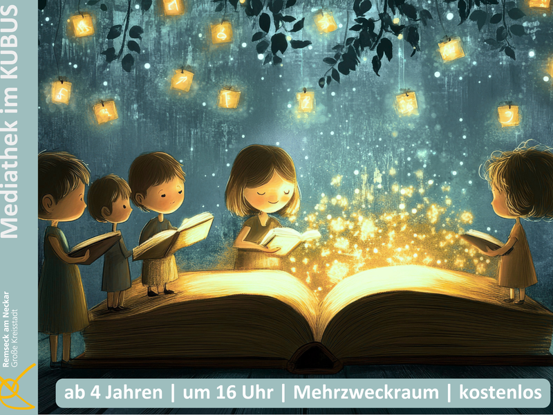 Vier Kinder lesen aus einem großen, leuchtenden Buch, umgeben von schwebenden Laternen.