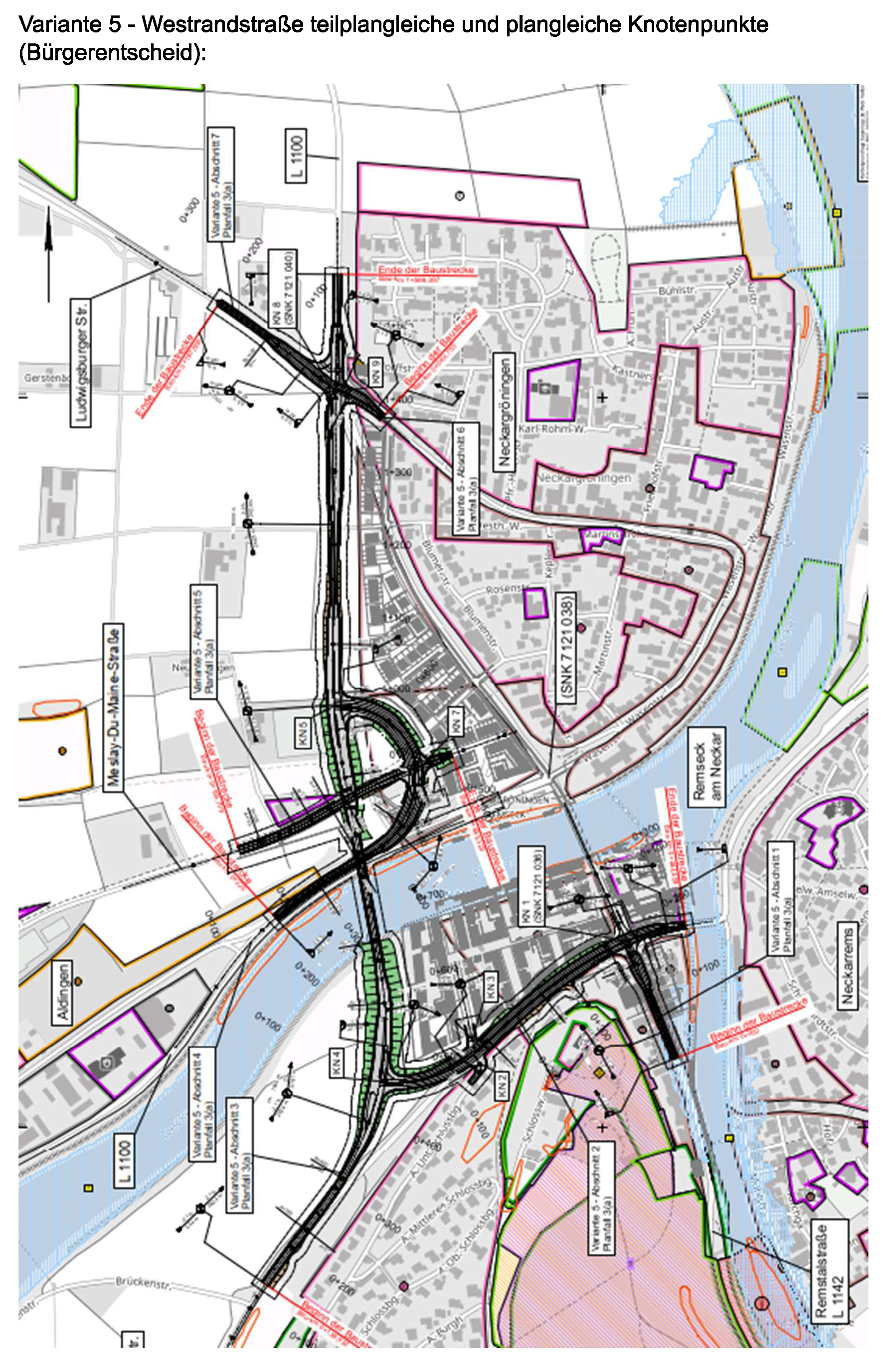 Die Karte zeigt eine detaillierte Straßenplanung mit verschiedenen Routen und markierten Knotenpunkten in einem städtischen Gebiet entlang eines Flusses.