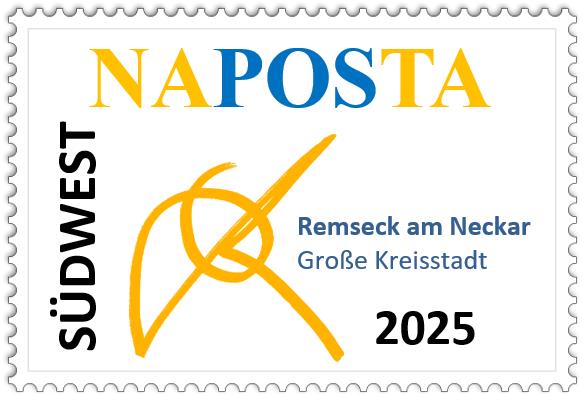 Eine Briefmarke mit dem Text "NAPOSTA", "SÜDWEST", "Remseck am Neckar", "Große Kreisstadt" und "2025" sowie einem gelben, künstlerischen Symbol in der Mitte.